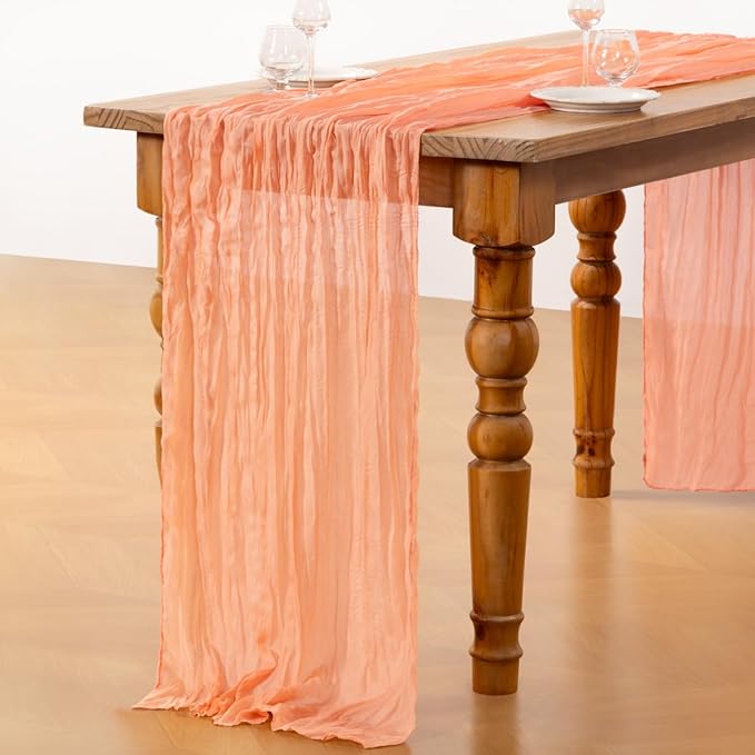 DeZerlor Peach Cheesecloth Table Runner 6 Pack Spring Easter Table Runners Boho Gauze 120 Inches Cheese Cloth Table Decor for Wedding Bridal Baby Shower Parties