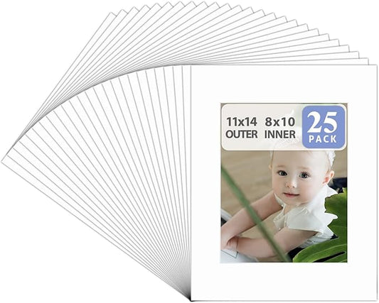 Golden State Art, Acid Free, Pack of 25 11x14 White Picture Mats Mattes with White Core Bevel Cut for 8x10 Photo