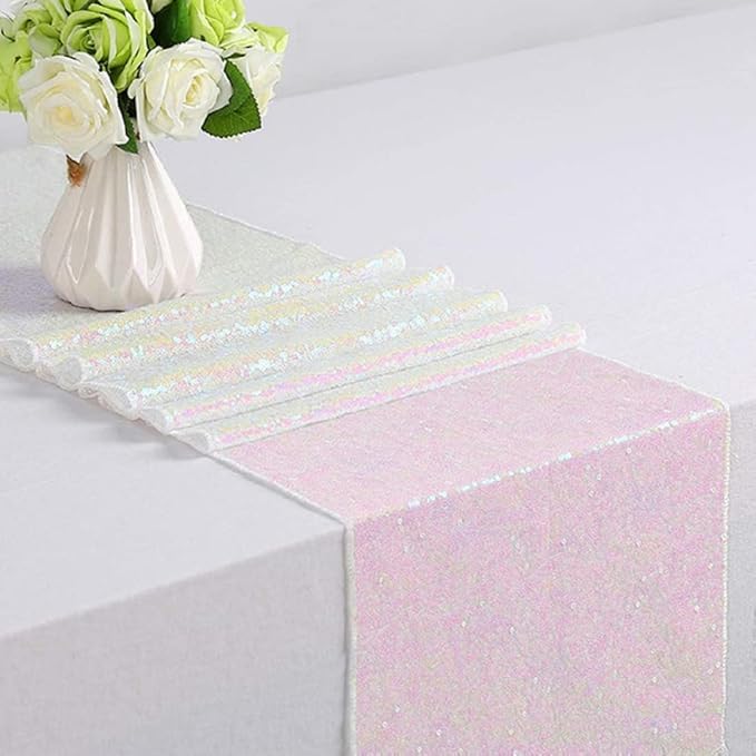 JYFLZQ Iridescent White Sequin Table Runner 12" x 72" Sparkly White Metallic Table Runner Glitter Sequin Runner for Table Birthday Party Event Decorations