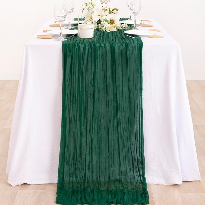 MLMC 2 Pack Emerald Green Table Runner Boho Dark Green Cheesecloth Table Runner 10ft Sheer Gauze Cheese Cloth Decorations for Wedding Bridal Shower Home Party Decor