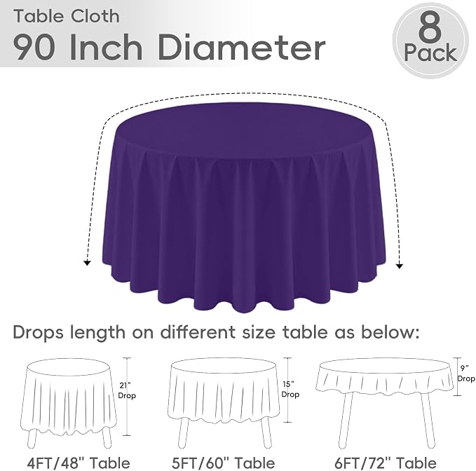 8 Pack Round Tablecloth 90 Inch Purple Tablecloth for Round Tables, Washable Polyester Table Cloth Stain and Wrinkle Resistant Decorative Table Cover for Wedding Party Dining Banquet