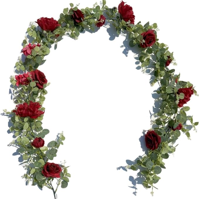 Artificial Flower Garland，6.5Ft Fake Dahlia Rose Floral Eucalyptus Greenery Garland Vine for Wedding Arch，Table Runner Centerpieces Backdrop Room Wall Hanging Plant Decor（Burgundy）