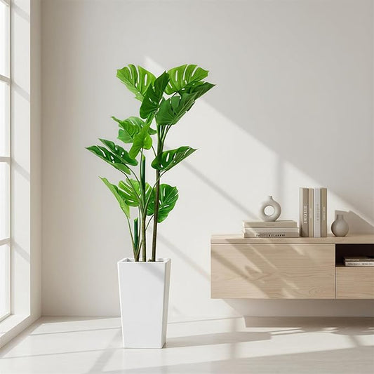 Garvee 4.5FT Artificial Monstera Plant, Faux Tropical Palm Tree with White Tall Planter, Decorative Evergreen Tropical Floor Tree for Living Room, Entryway, Porch, Office