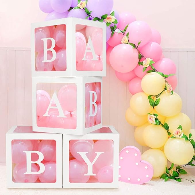 44-Piece Baby Shower Decorations for Boy or Girl - 4 Boxes with Letters and 32 Balloons - Classic White and Pink - Gender Reveal Party Supplies - Photo Shoot Backdrop Prop