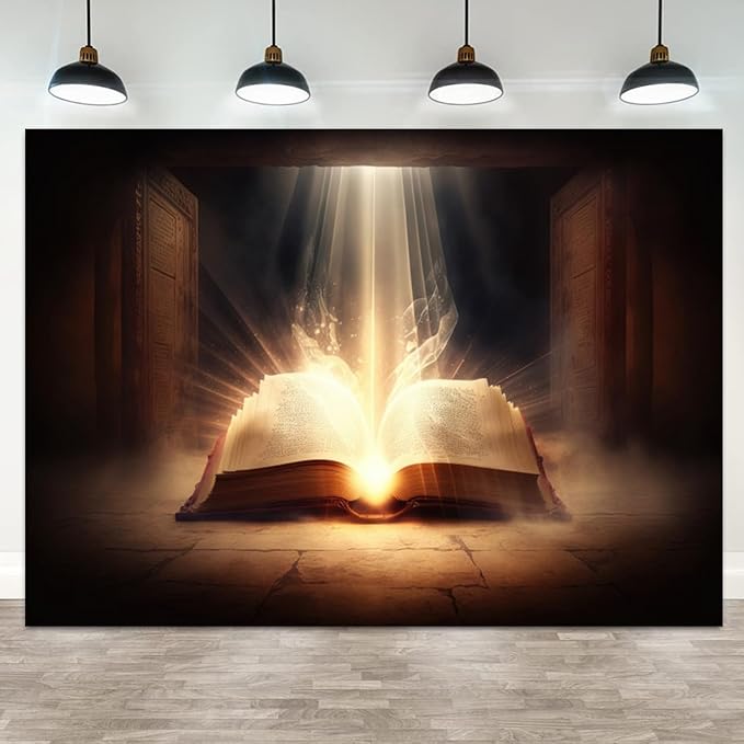 8x6ft Bible Backdrop Holy Glowing Opened Book Photography Background Jesus Christ Christian Religious Belief Church Sanctuary Baby Shower Banner Decorations Easter Portrait Photo Booth Prop