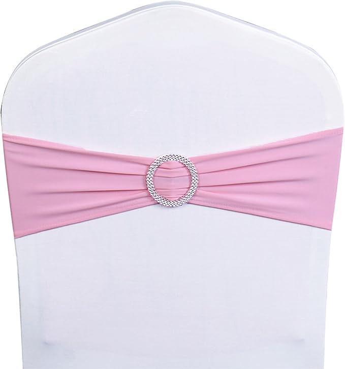 Spandex Pink Chair Sashes 50 Pack Light Pink Chair Bows Bands with Silver Buckle for Wedding Birthday Party Baby Shower Anniversary Engagement Christmas Events Decorations