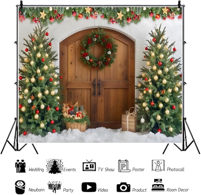 Christmas Photo Backdrop 10x8ft Rustic Christmas Barn Door Photography Backdrop Xmas Trees Gifts Ornaments Background Merry Christmas Party Decor Banner Family Photo Studio Booth Props