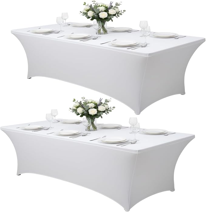 2 Pack 8FT Rectangular Spandex Tablecloth,Wrinkle Resistant Fitted Cover for 96x30 inch Banquet Table Cloth, Washable Stretch Fabric for Party, Events, Wedding, Vendor - White