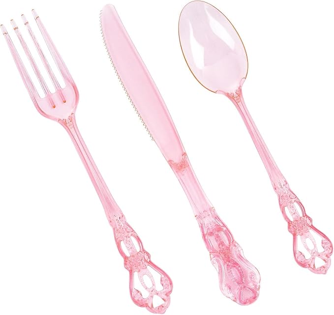 150PCS Pink Plastic Silverware - Heavy Duty Elegant Disposable Utensils - Vintage Baroque Cutlery Set Disposable Includes 50Forks, 50Spoons, 50Knives for Dinner Party Wedding