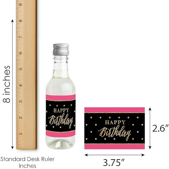Big Dot of Happiness Chic Happy Birthday - Pink, Black and Gold - Mini Wine and Champagne Bottle Label Stickers - Birthday Party Favor Gift for Women and Men - Set of 16