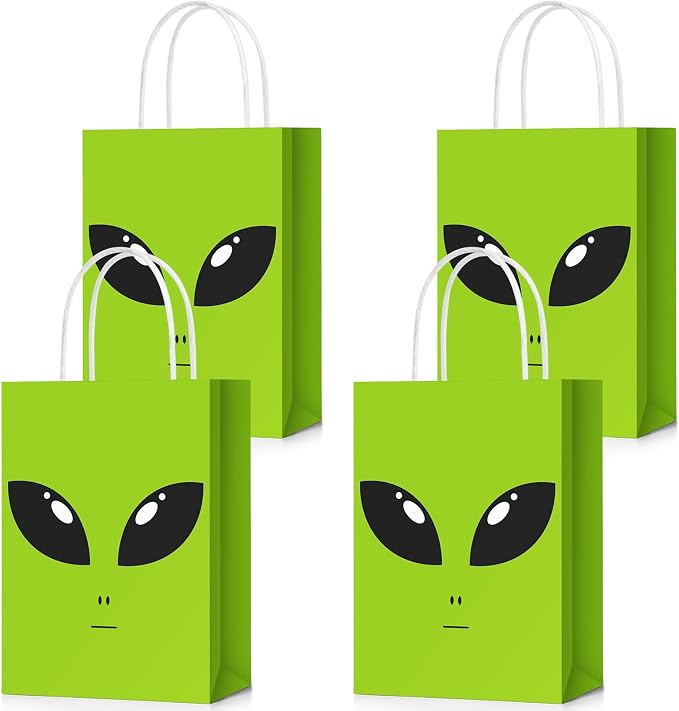 Tosstuki 12 Pcs Alien Gift Bags Alien Birthday Decoration Ufo Aliens Party Paper Bags with Handles for Kids Boys Girls Birthday Space Theme Celebrations Events Supplies