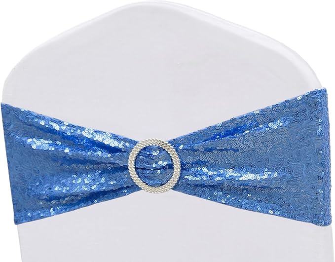 Sequins Baby Blue Chair Sashes 100 Pack Blue Chair Bands with Buckles Bows Ties for Party Wedding Birthday Ceremony Baby Shower Banquets Event Christmas Decorations