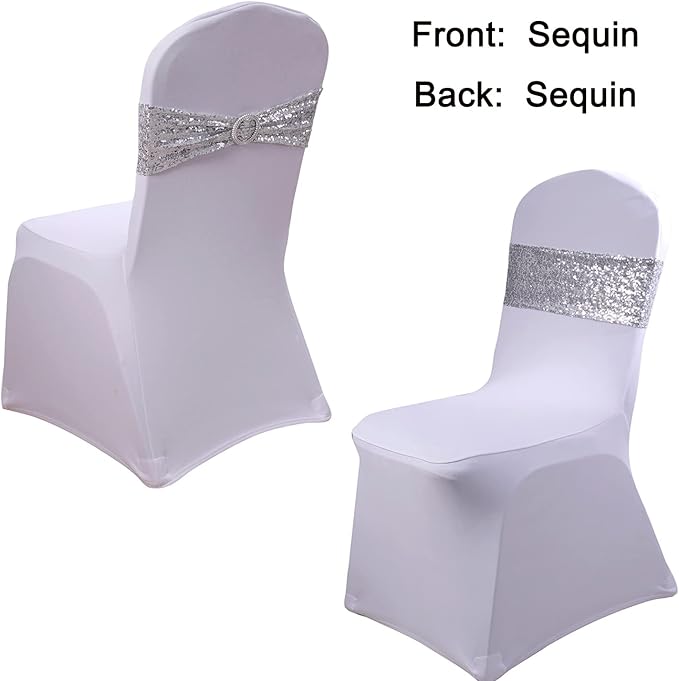 Sequin Silver Chair Sashes 100 Pack - Glitter Chair Bows Bands with Buckle for Wedding Birthday Party Bridal Shower Anniversary Engagement Christmas Events Decorations