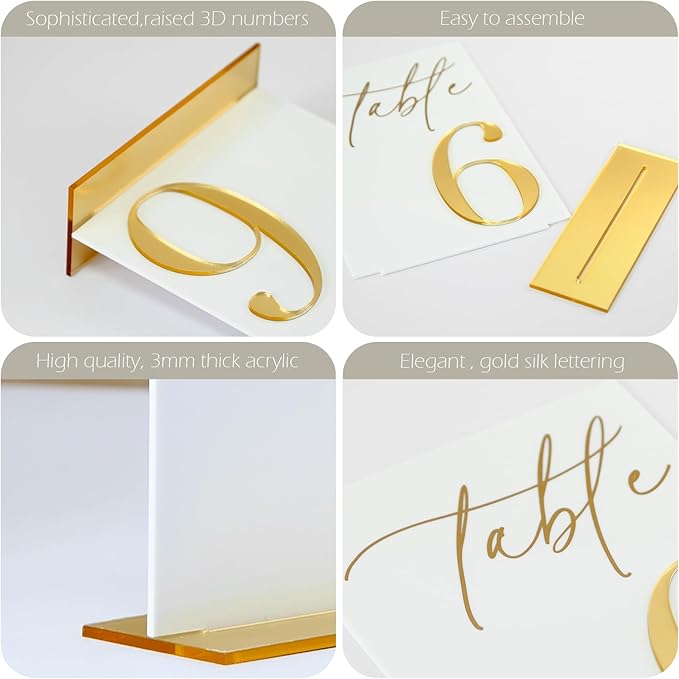 Acrylic Wedding Table Numbers 1-10 with Stands, 5"x7" White Acrylic Signs with Gold Mirror Fonts, White and Gold 3D Table Numbers for Wedding Reception, Anniversary, Event