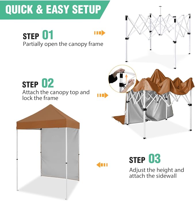 5x5 Pop Up Canopy Tent with One Sidewall, Instant Portable Beach Canopy, Outdoor Tent with Carry Bag for Camping, Sports, Tailgating, Events, Khaki