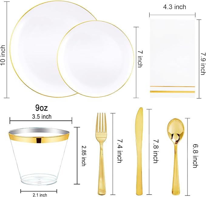 Festiva 350Pcs Gold Plastic Plates - White and Gold Dinnerware Set Disposable include 10" & 7" Plates,Cups,Silverware,Napkins -serve 50 Guests Perfect for Wedding& Easter&Birthday Party