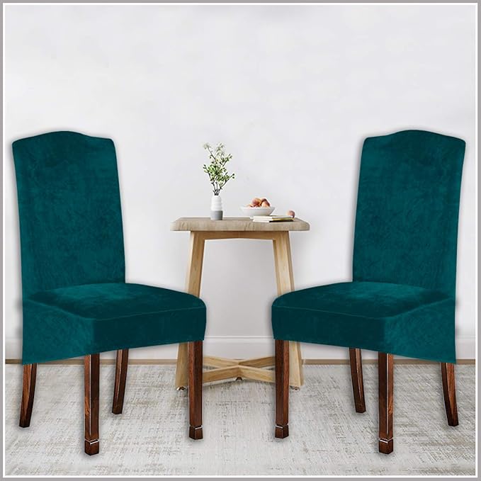 Velvet Plush XL Dining Chair Covers, Stretch Chaircover, Spandex High Chairs Protector Covers Seat Slipcover with Elastic Band for Dining Room,Wedding, Ceremony, Banquet (Teal Green, Set of 4)