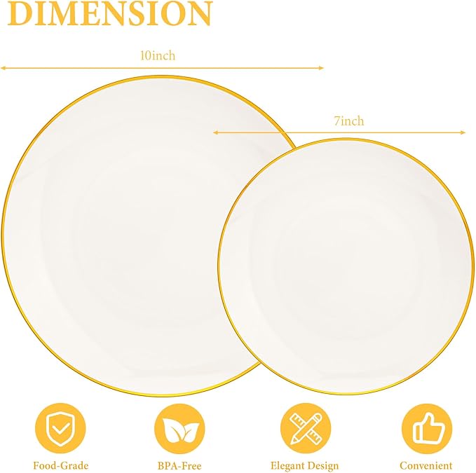 Lullaby 100PCS Ivory and Gold Plastic Plates, Disposable Ivory Plastic Plate with Gold Rim, 50PCS Dessert Plates 7" and 50PCS Dinner Plates 10", Perfect for Party Wedding and Daily Use