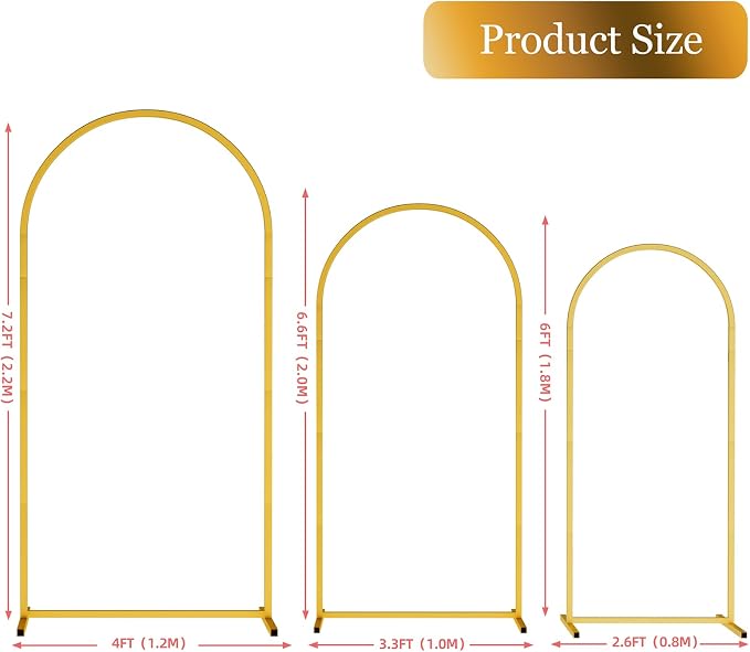 Wedding Arch-Backdrop-Stand Set of 3 (7.2FT 6.6FT 6FT) Gold Metal Arch Stand for Birthday Party Baby Shower, Balloon Flower Arch Stand for Graduation Anniversary Ceremony Decor