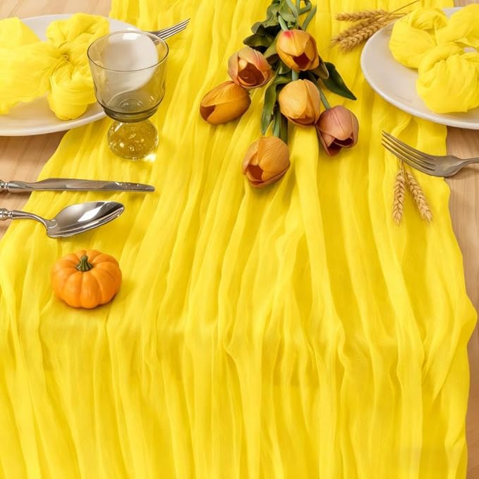 MLMC 3 Pack Yellow Table Runner 10ft Spring Sheer Gauze Cheesecloth Table Runner Cheese Cloth Centerpiece Decororations 35x120 Inches for Wedding Bridal Baby Shower Birthday Party Decor