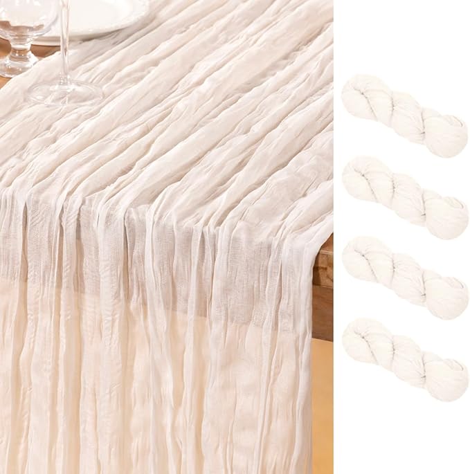 DeZerlor Ivory White Cheesecloth Table Runner 4 Pack Spring Easter Table Runners Boho Gauze 120 Inches White Cheese Cloth Table Decor for Wedding Bridal Baby Shower Parties