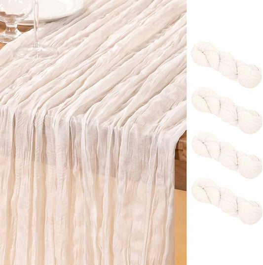 DeZerlor Ivory White Cheesecloth Table Runner 4 Pack Spring Easter Table Runners Boho Gauze 120 Inches White Cheese Cloth Table Decor for Wedding Bridal Baby Shower Parties