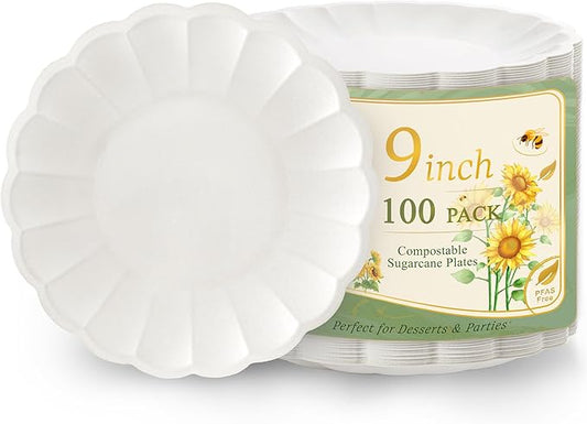 100 Pack Dinner Plates 9 Inch Paper Plates- Compostable Bagasse Party Plates for Wedding, BBQ,Picnic,Birthday,Baby Shower-100% Compostable Bagasse