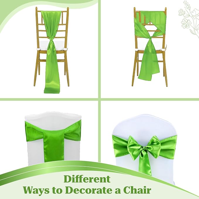MDS Satin Chair Sashes, 125 Pack, 7”x108” Each, Decorative Chair Bows Ribbon Tie Backs for Wedding Party, Holiday Dinner, Birthday, Reception, Banquet, Hotel & Event Decoration - Parrot Green