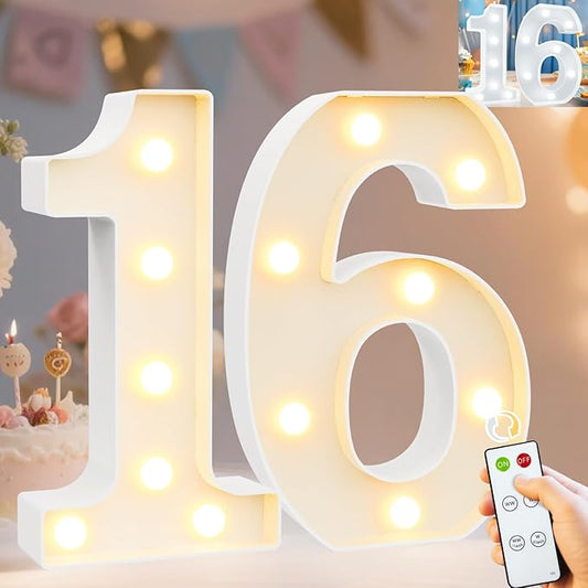 Pooqla 16th Birthday Decoration for Girls Boys, Decorative Marquee Numbers with Remote, Light Up 16 Sign for Party Backdrop 16th Wedding Anniversary Decor, Warm White and Cool White Number 16