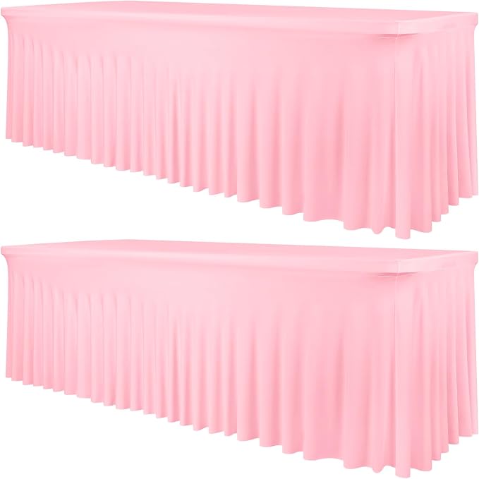 2 Packs Pink Stretch Table Skirts for 8 Foot Rectangle Table, Washable Spandex Stretch Tablecloths with Skirt, Wrinkle Resistant Fitted Tablecover for Wedding Party Banquet