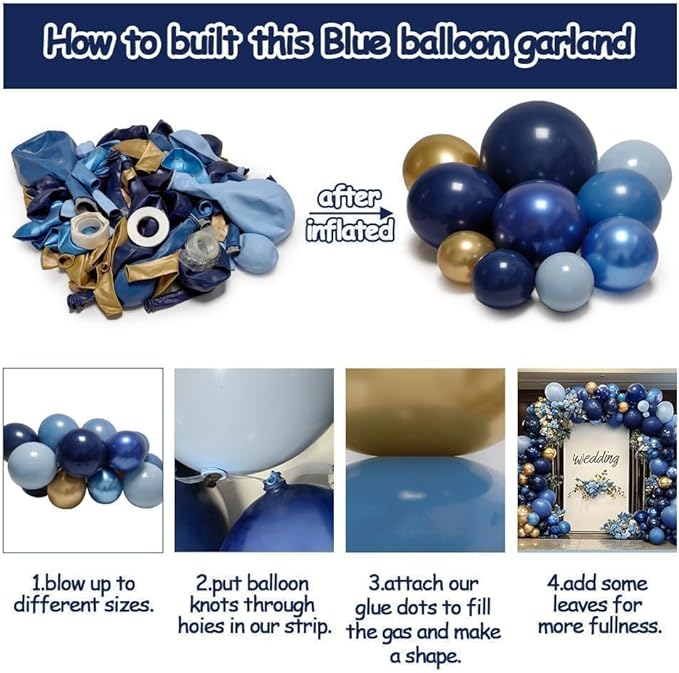 Navy Blue Gold Balloon Arch Kit Double Stuffed Royal Dusty Blue Gold Balloon Garland Latex Pastel Dark Different Sizes for Graduation Birthday Wedding Baby Shower Anniversary Father's Day Decor