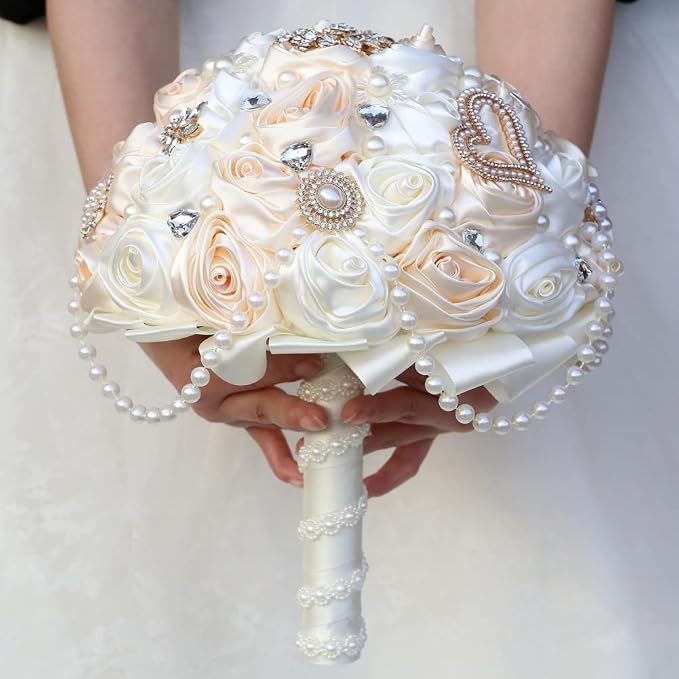 Ivory and Champagne Bridal Wedding Bouquet with Rhinestone Brooch Pearl String Cascade Bouquet for Bride Bridesmaid Quinceanera Satin Rose Flower Bouquet Wedding Champagne and Ivory 9.8in