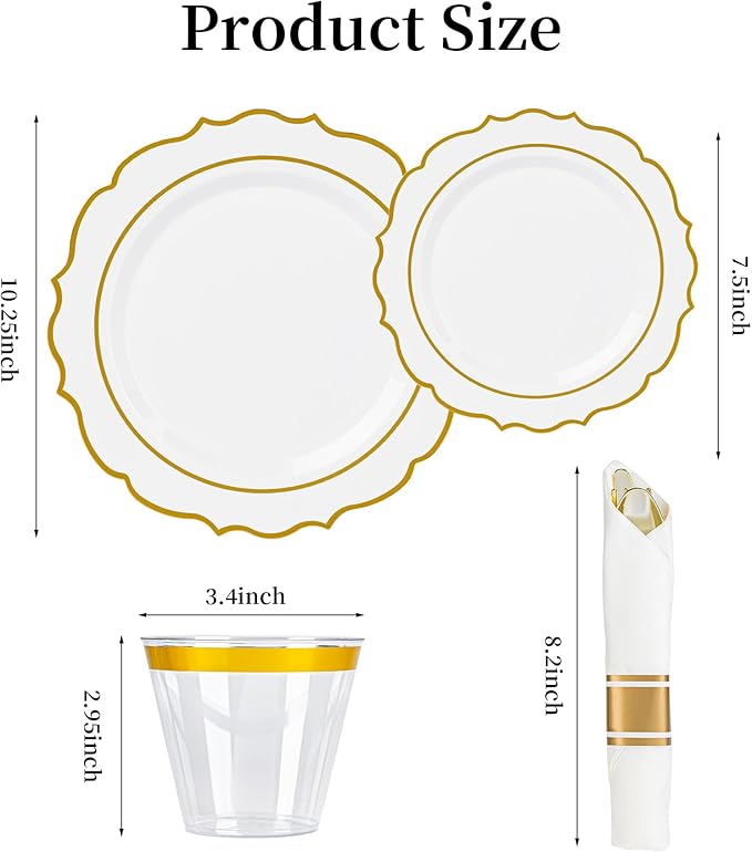 350PCS White Plastic Plates, Gold Plastic Dinnerware Sets for 50 Guests, Include 100 Disposable Plates, 50 Cups and 50 Pre Rolled Napkins with 150 PCS Gold Silverware for Party and Wedding