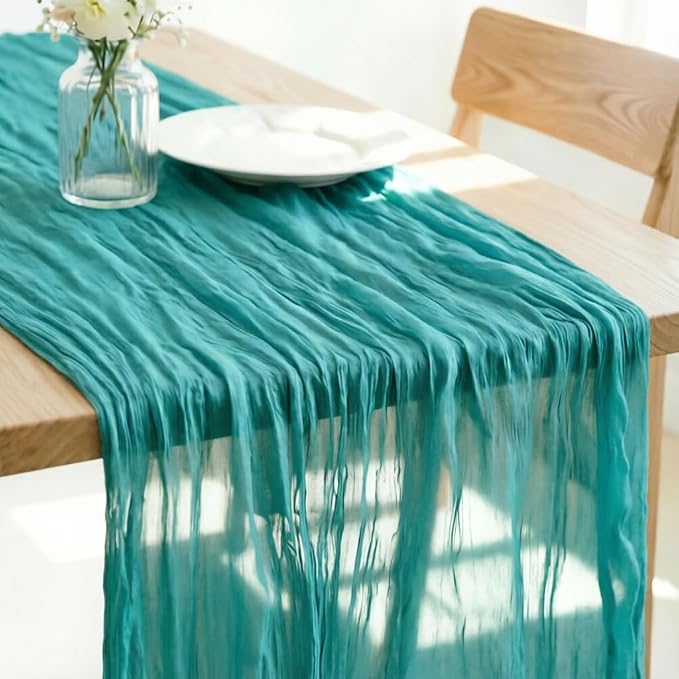 LINXTAR Teal Cheesecloth Table Runner 120 Inches 10Ft Gauze Summer Boho Table Runner for Wedding Tea Party Baby Shower Bridal Birthday Home Decoration