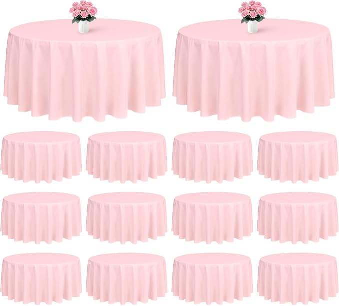 Showgeous 12 Pack Pink Washable Polyester Tablecloths - 90 Inch Round Table Cloths Wrinkle Resistant Decorative Fabric Table Cover for Dining Wedding Party