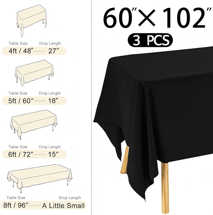 3 Pack Rectangle Black Table Cloth Bulk Washable Polyester Table Cover for Wedding Dining Table Buffet Parties Banquet Decoration（60x102Inch, Black）