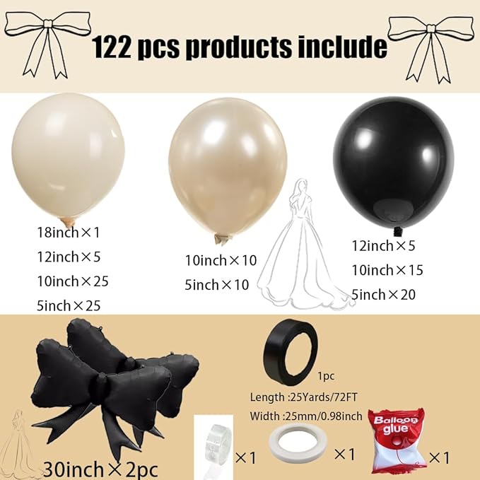 Black Bow Birthday Party Decorations 122pcs black Ivory White Double Stuffed Pearl White Balloons with Bow Foil Balloons for Girl Coquette Birthday Wedding Bridal Party Decorations