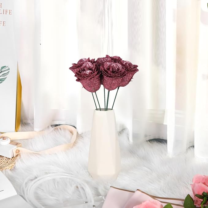 Rose Gold Flowers, 30PCS Glitter Roses Bouquet Artificial Roses with Stems for Crafts Wedding Bouquet Party Home Decor(Rose Gold)