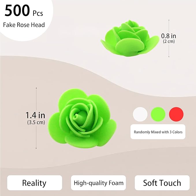 500 Pcs 1.4 Inch Mini Artificial Flowers Head Bulk 5 in 1 Set Faux Foam Fake Small Rose Tiny Baby Flores Bouquet Cake Gift Home Decoration DIY Craft (Coral Red, Green, White Mixed)