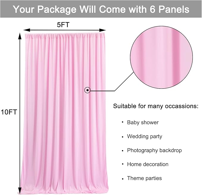 30ft x 10ft Wrinkle Free Pink Backdrop Curtains, 6 Panels 5x10ft Polyester Photo Backdrop Drapes for Wedding Birthday Photography Background Baby Shower