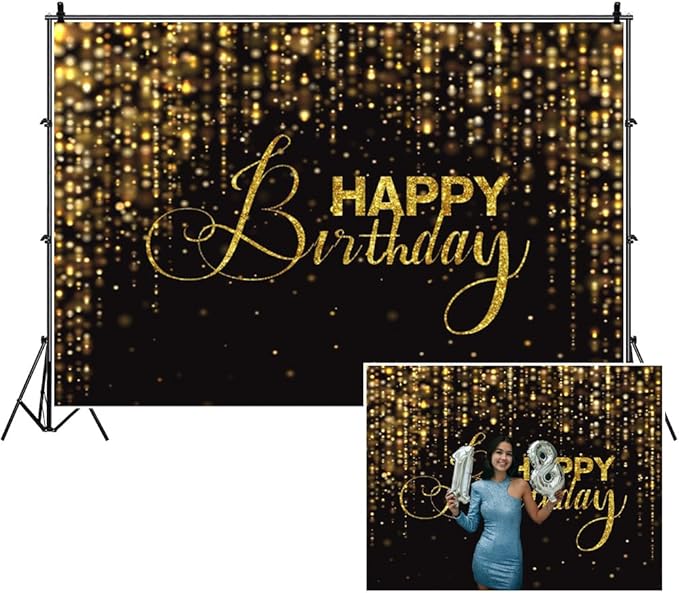 Happy Birthday Backdrop for Photography 12x10ft Luxury Black and Gold Birthday Party Backdrop Background Banner Bokeh Glitter Men Birthday Party Decorations Supplies Wallpaper Studio Props