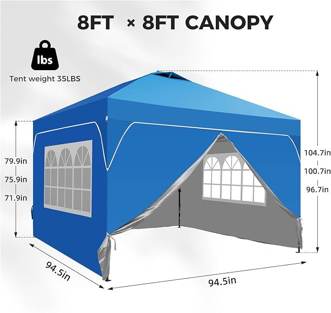 8x8 FT Pop Up Canopy with 1-Button Push, 4 Removable Sidewalls, Sandbags, Instant Canopy Tent for Outdoor Events