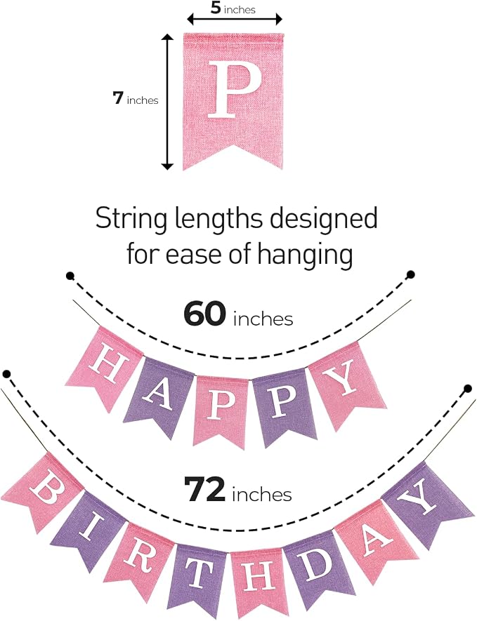 Pre-Strung Pink and Purple Happy Birthday Banner, No DIY Burlap Banner, Colorful Party Decorations for Girls, Reusable Fabric, Ready to Hang Birthday Decor