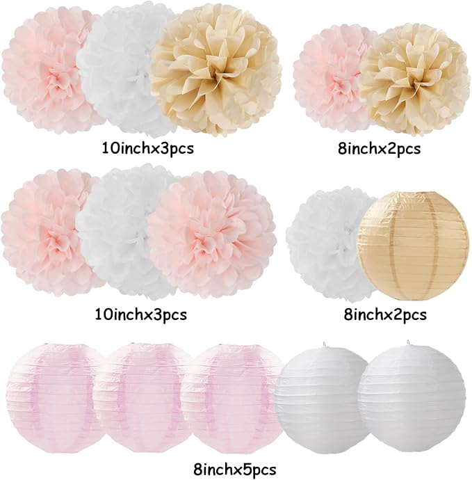 Light-Pink Gold White Party-Decorations Paper-Flowers Lanterns Panduola | 15pc Boho Tissue Pom Poms Streamers,Birthday Bachelorette Bridal Baby Shower Engagement Wedding Graduations Decor Panduola