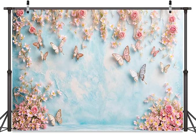 5x3ft Butterfly Floral Backdrop Birthday Colorful Flowers Photo Background for Girls Wedding Birthday Party Girls Princess Butterfly Theme Baby Shower Events Party Decorations Photo Booth Props