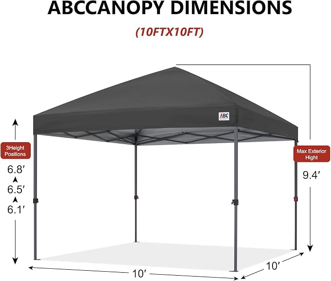 ABCCANOPY 10x10 Pop Up Canopy Tent, Easy Setup Instant Shelter with Wheeled Bag, Heavy Duty Outdoor Canopy for Beach, Market, Backyard, UV Protection, Outdoor Weather Protection (Dark Gray, 10x10)