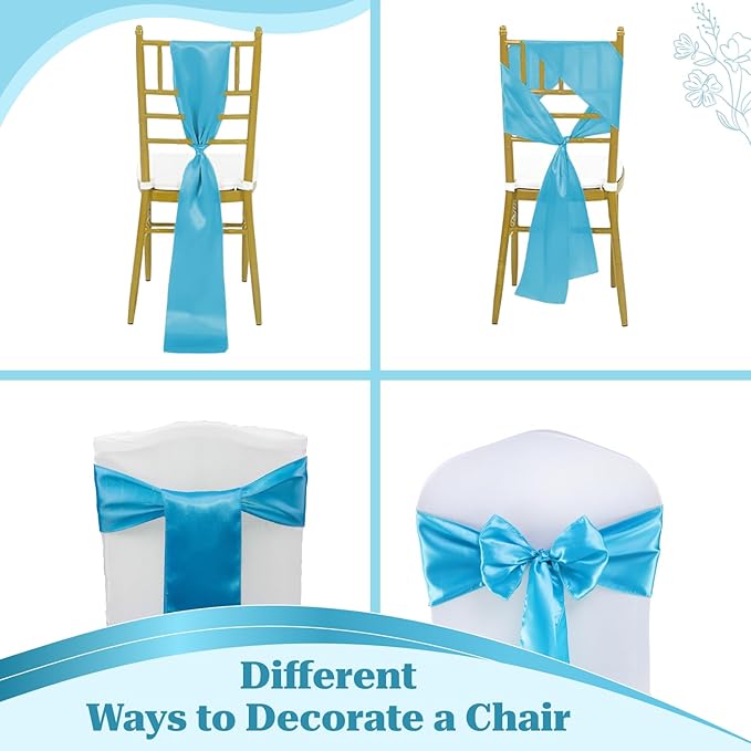 MDS Satin Chair Sashes, 125 Pack, 7”x108” Each, Decorative Chair Bows Ribbon Tie Backs for Wedding Party, Holiday Dinner, Birthday, Reception, Banquet, Hotel & Event Decoration - Turquoise