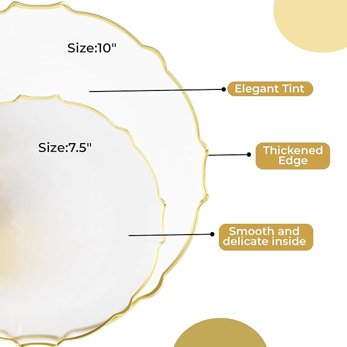 Exquisite Tinted Plates 40 Piece Plastic Disposable Plates for Party Set For 20 Guests 20 X 7.5 Dessert Plates & 20 X 10 Thin Delicate Fancy Plastic Plates Disposable Dinnerware Clear Gold Rim