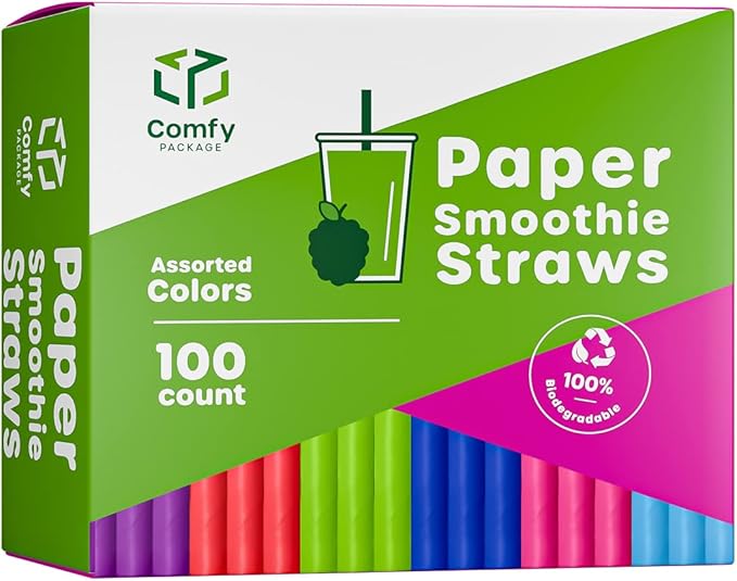 GUSTO, [100 Count] Jumbo Paper Smoothie Straws, 100% Biodegradable, Assorted Colors - (Formerly Comfy Package)