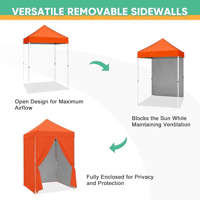 5x5 Pop Up Canopy Tent with Four Sidewalls, Instant Portable Beach Canopy, Outdoor Tent with Carry Bag for Camping, Sports, Tailgating, Events, Orange